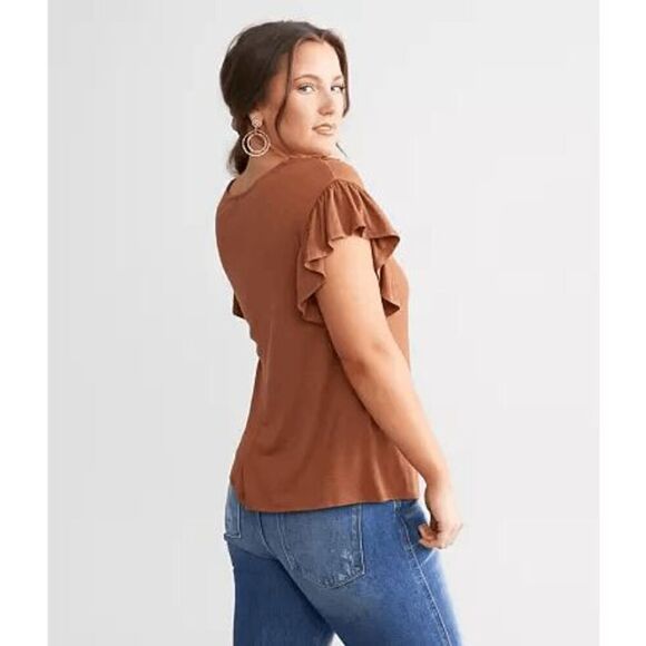 BKE Daytrip Sequoia Brown Crochet Flutter Sleeve Top Large - Picture 8 of 9